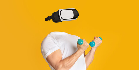 In a vibrant setting, a person engages in a fitness routine while wearing virtual reality goggles.