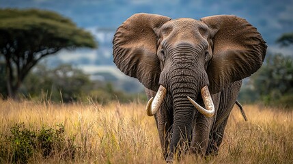 Fototapeta premium An elephant with tusks stands in a field of tall grass, surrounded by trees in the background and a blue sky above