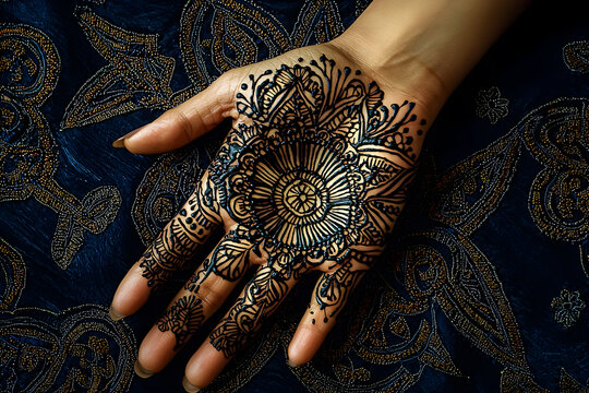 beautifully detailed henna-adorned hand, mehndi resting on an intricate fabric, showcasing cultural elegance, craftsmanship. Perfect for traditional, wedding, artistic themes. bohemian, Middle Eastern - Powered by Adobe