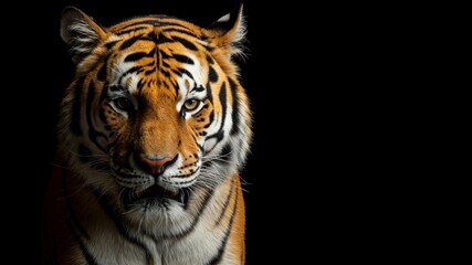 Portrait of a Tiger on a black background, emphasizing its powerful and majestic appearance. Ideal for wildlife, big cat, and predator content.


