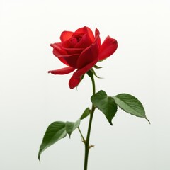 Obraz premium Single red rose in bloom with green leaves on white background, realistic and elegant.