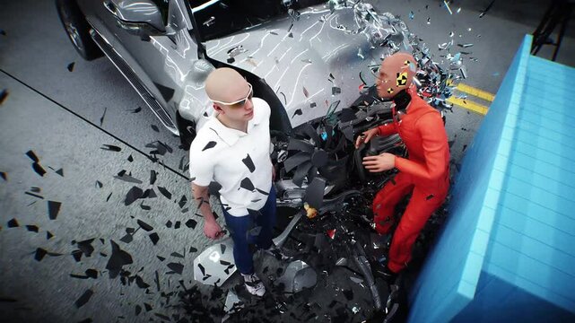 car crash test stop time. safety concept. People and crash dummy.