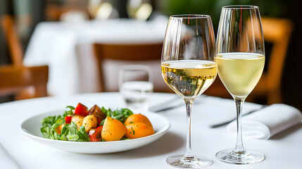White Wine Glasses and Salad on White Table in Elegant Restaurant