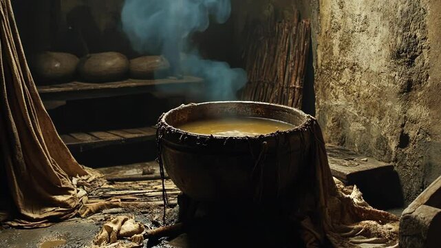 Cooking potion in an ancient kitchen with smoke rising from a large cauldron at twilight
