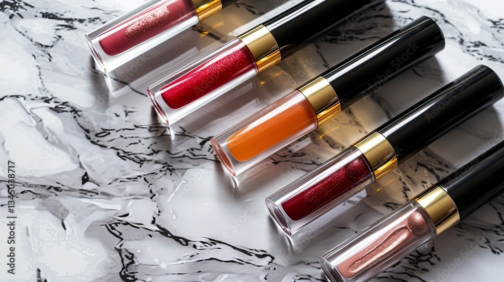 Poster colorful tubes of lip gloss and lipstick elegantly arranged on a marble surface display a variety of