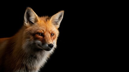 Fototapeta premium Portrait of a Fox on a black background, showcasing its sharp features. Ideal for wildlife, wild animal, and mammal content.