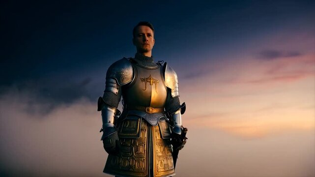 Medieval knight in shining armor standing bravely on a misty battlefield.  
