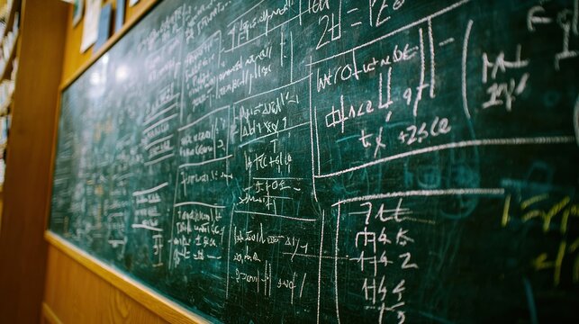 Chalkboard covered in complex mathematical equations and formulas