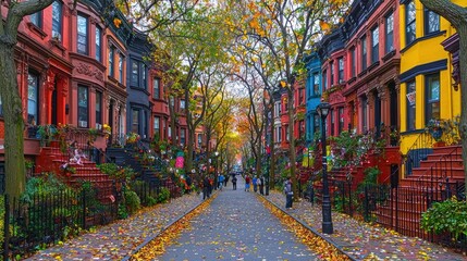 Colorful autumnal street lined with vibrant houses