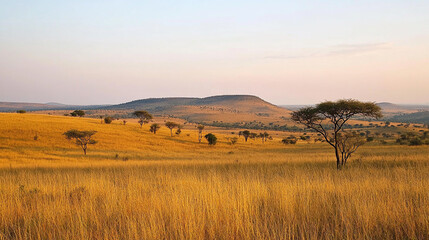 Fototapeta premium Expansive golden grasslands at sunset with distant hills and scattered trees under a serene sky