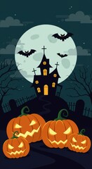 Fototapeta premium Spooky halloween night with haunted house and glowing jack-o'-lanterns under full moon