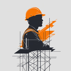 Construction Worker Silhouette Scaffolding Safety Helmet Design Orange