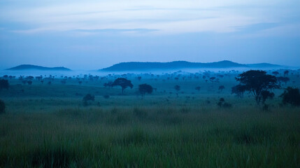 Fototapeta premium Serene twilight landscape showcasing rolling hills and misty trees under a blue sky
