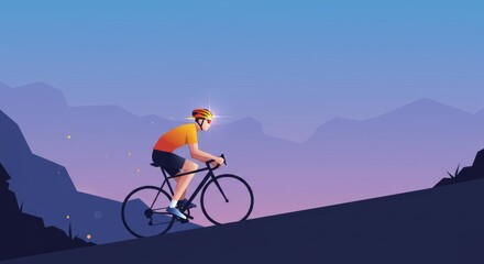 Fototapeta premium Cyclist climbing mountain road at dusk: vibrant digital art of evening ride