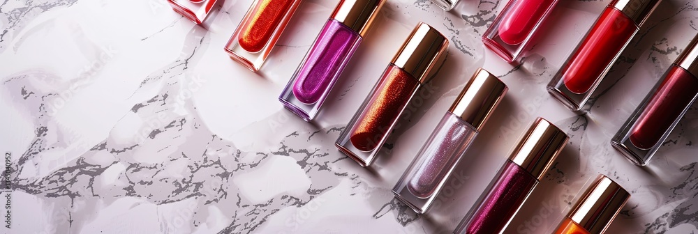 Aufkleber colorful tubes of lip gloss and lipstick elegantly displayed on a marble surface in intricate shades