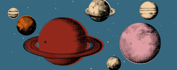 This retro halftone space illustration features vintage-inspired planets with bold colors and textured dots, creating a mid-century sci-fi aesthetic. The cosmic, surreal composition evokes nostalgia, 