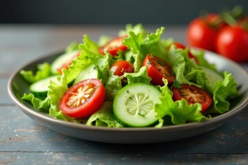 Close-up of fresh salad with cucumbers, tomatoes, and lettuce on modern grey plate, food, gourmet