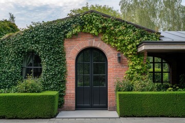Charming brick house entrance adorned with lush greenery in a serene garden setting during daylight hours, showcasing natural beauty and architectural elegance
