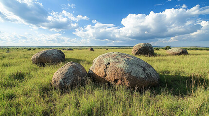 Large boulders scattered across a grassy field under a bright blue sky with fluffy clouds