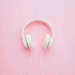 White headphones on pink background. Flat lay, top view, copy space