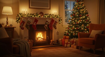 Cozy christmas living room with a festive tree and stockings by the fireplace