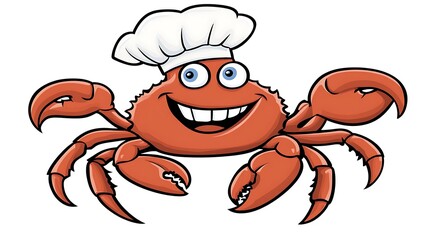 Fototapeta premium A smiling cartoon crab is wearing a chef hat