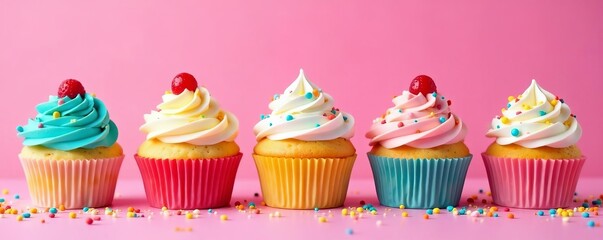 Colorful cupcakes on pink polka dot background with sprinkles, background, polka dots, frosting