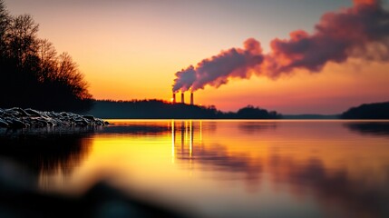 Sunrise smokestacks reflect on lake