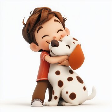 3d reder A happy cartoon boy with light brown hair hugging a medium-sized, light brown dog with dark brown spots