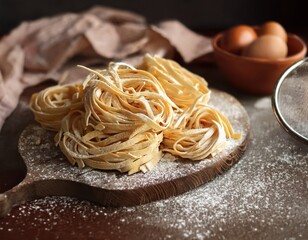 Fresh homemade fettuccine pasta with eggs on rustic wooden board