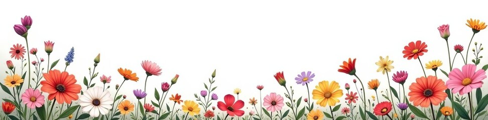 Naklejka premium Delicate wildflower border with vibrant colors on white background, wildflowers, vibrant colors, delicate