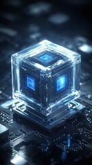 Fototapeta premium Clear cube with blue squares atop electronic circuit. Intricate design