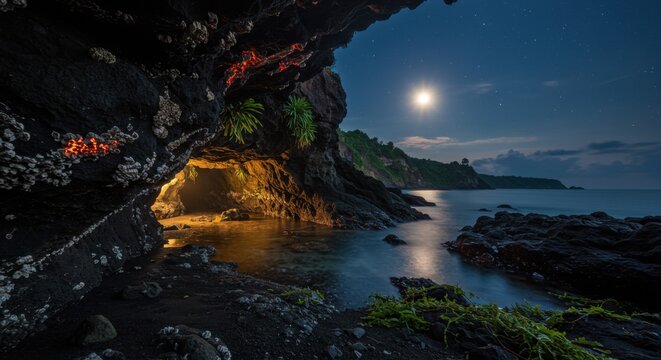 Ethereal Lunar Mystique Over Tidore&rsquo;s Ember-Lit Coral Caves