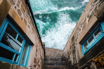Waves crashing against the rocky shoreline seen from a coastal stone stairway in a scenic seaside town during a cloudy afternoon