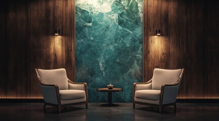 Two armchairs facing a table in a modern interior space