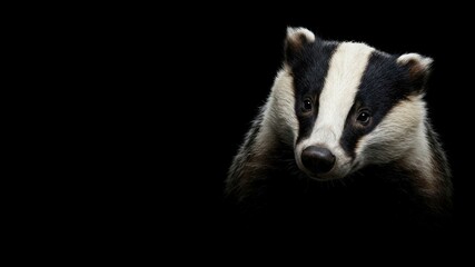 Portrait of a Badger on a black background, showing its distinctive stripes. Ideal for wildlife, nocturnal animal, and mammal content.

