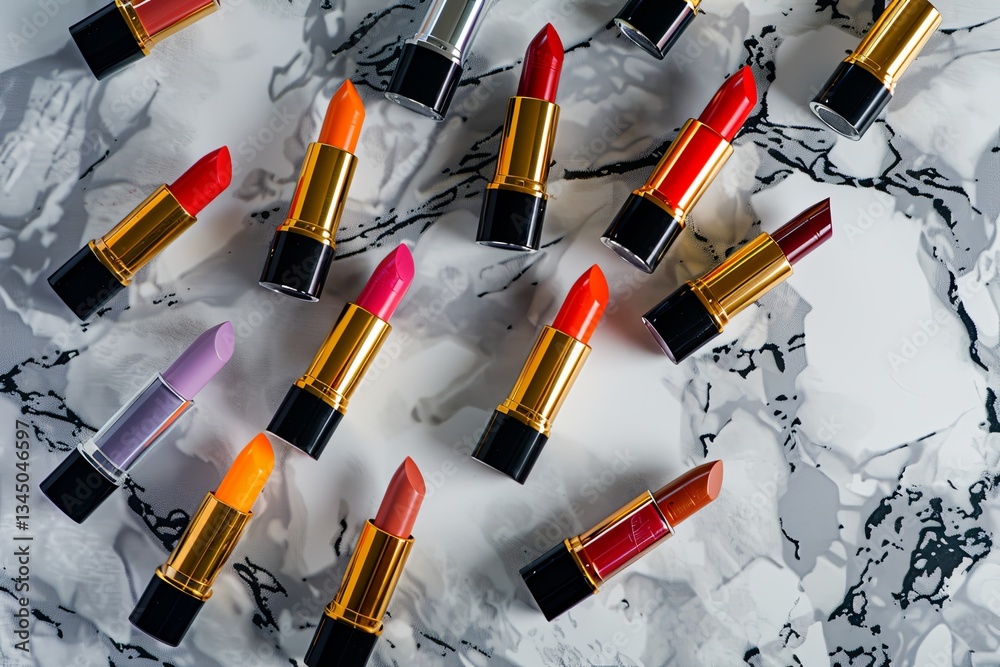 Poster vibrant tubes of lip gloss and lipstick elegantly displayed on marble surface in an artistic arrange