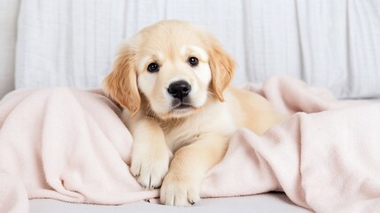 Obraz premium Adorable Golden Retriever Puppy Soft Pink Blanket