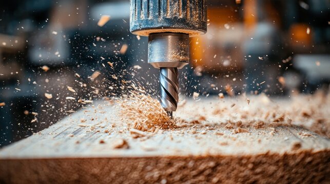 Close-up of a drill bit working on wood, wood shavings flying everywhere