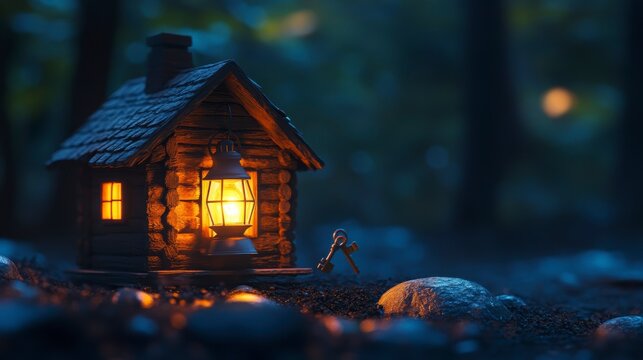 Illuminated wooden cabin in a dark forest.  Possible use Stock photo for nature, imagination, or fantasy themes