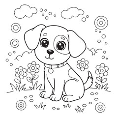 Adorable Puppy Coloring Page for Kids in Black and White. Black and white illustration of adorable puppy for coloring - perfect for creative leisure activities and animal lovers