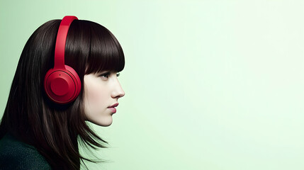 Fototapeta premium Woman Wearing Red Headphones Profile View On Green Background