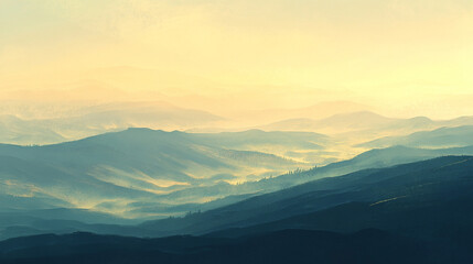 Obraz premium Serene mountain landscape at dawn with soft fog rolling over distant hills and valleys