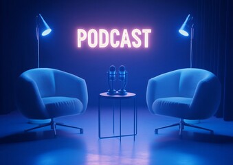 A neon sign illuminates a podcast studio with two blue armchairs and microphones, creating a professional and inviting atmosphere for conversation.