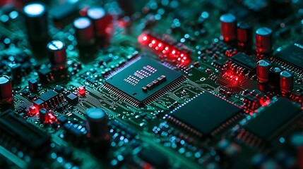 Obraz premium Close-up of illuminated circuit board showcasing intricate electronic components and pathways.