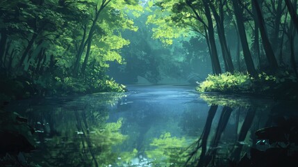 Obraz premium Tranquil Forest Scene with Lush Greenery and Calm Water Reflecting Nature's Beauty and Serenity