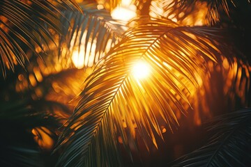 Golden sunlight filters through palm leaves at sunset in a tropical paradise