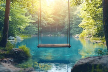 Enchanted swing over tranquil blue water surrounded by lush greenery during golden hour
