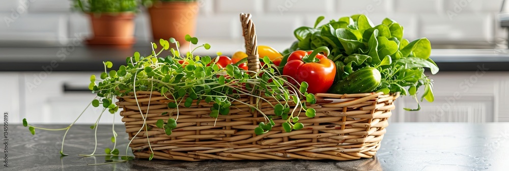 Poster Rustic basket brimming with fresh microgreens and colorful vegetables on a kitchen countertop Generative AI