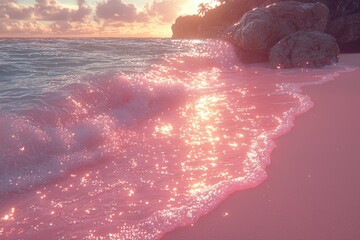 Glowing waves caress the sandy beach at sunset, creating a serene atmosphere in a tropical paradise